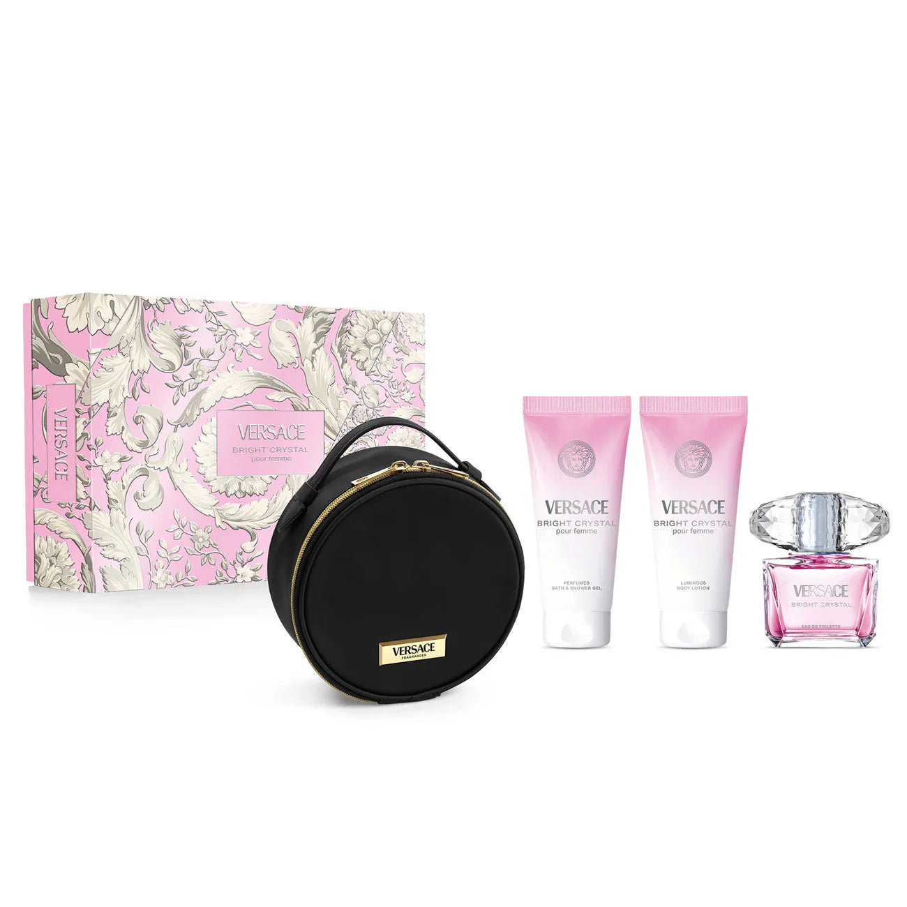 Estuche Versace Bright Crystal 4PZ Perfume 90ml+ Shower Gel+ Crema+ Cosmetiquera
