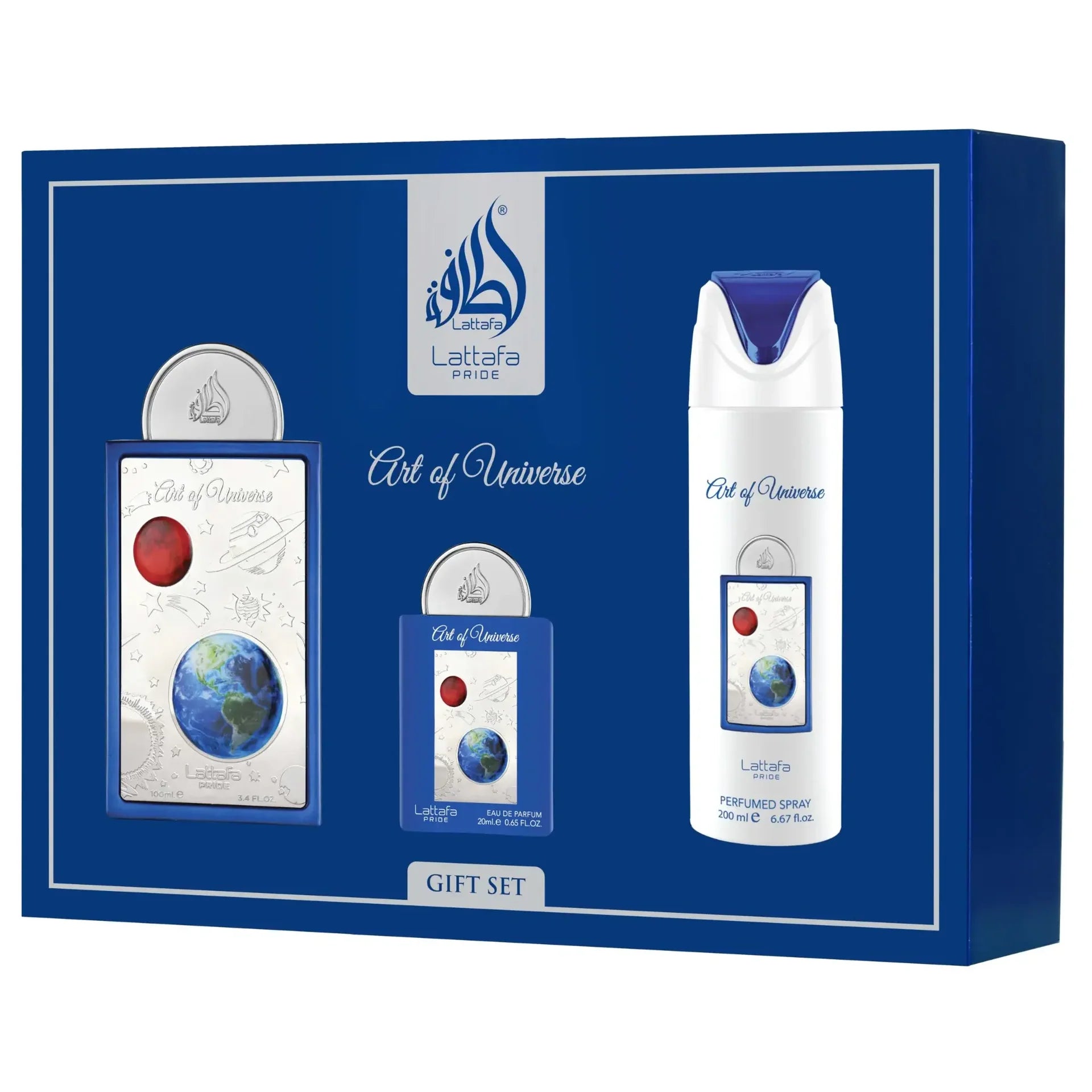 Estuche Lattafa Pride Art Of Universe Hombre 3PZ Perfume + Mini + Aerosol