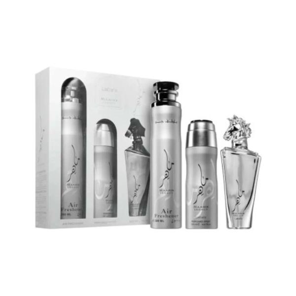Estuche Lattafa Maahir Legacy Unisex EDP 3PZ Perfume + Aerosol + Ambientador