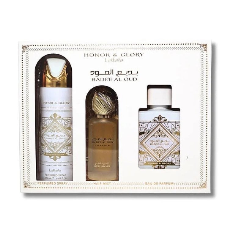Estuche Lattafa Honor Glory EDP Hombre 3PZ Perfume 100ml + Aerosol 200ml+ Hair Fresh 300ML